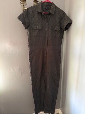 Quince Short-Sleeve Button-Front Utility Jumpsuit - grey linen cotton